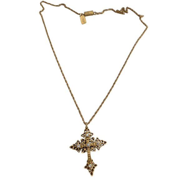 Vintage 1928 Company Gold Tone Cross with Rhinestone Pendant Necklace filigree - Picture 1 of 6